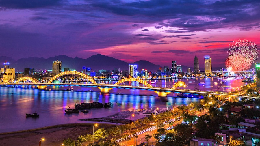 The Dragon Bridge lit up at night