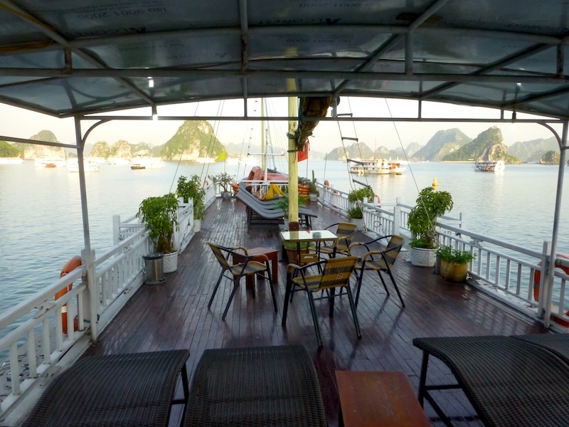 View from the deck of a cruise boat on Ha Long Bay