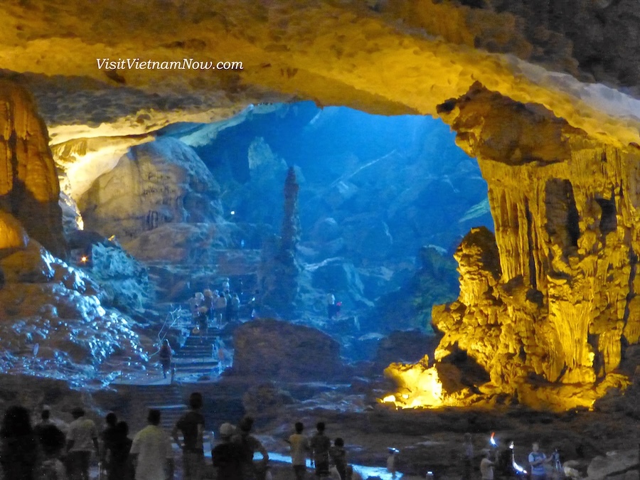 The vast, illuminated interior of Thien Cung Cave