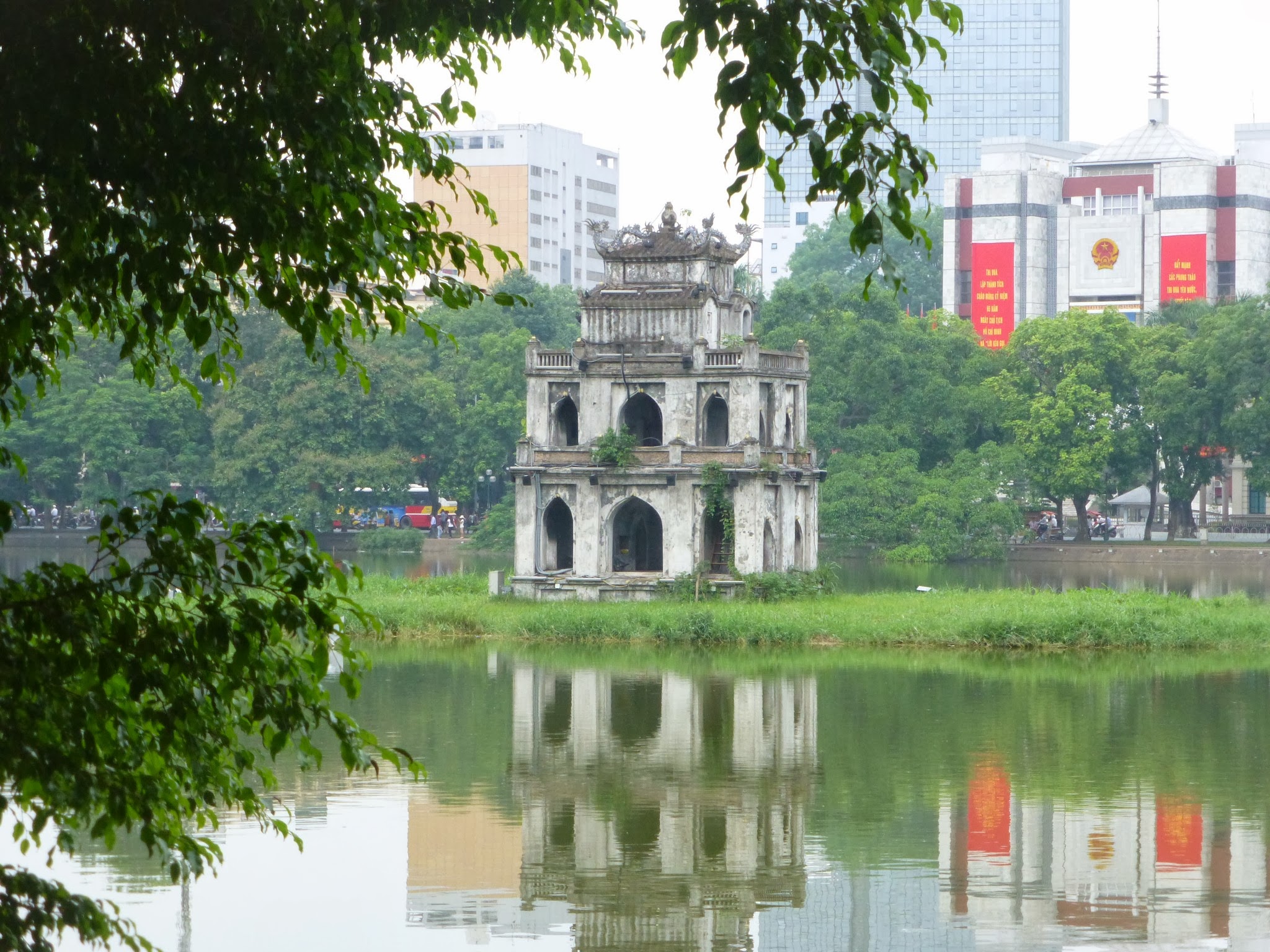 The iconic red Huc Bridge at Hoan Kiem Lake