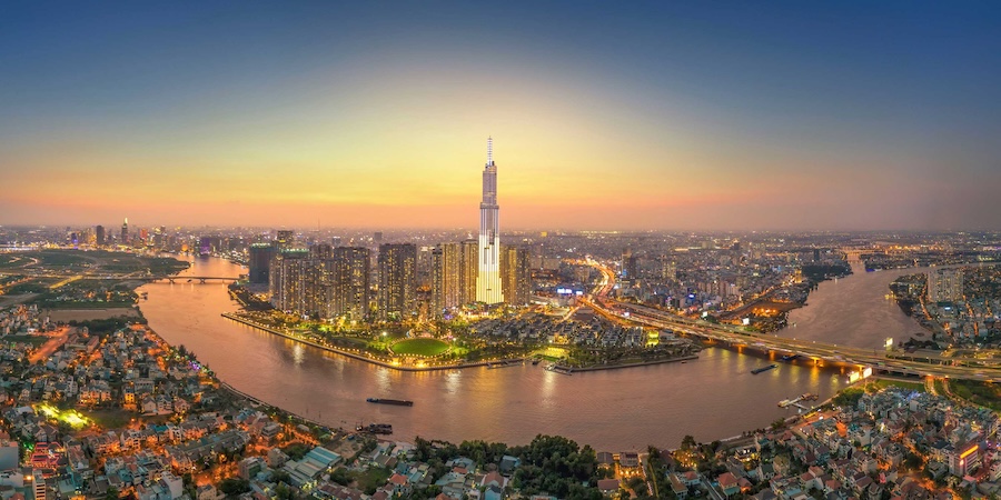 Panoramic view of Ho Chi Minh City's modern skyline at sunset