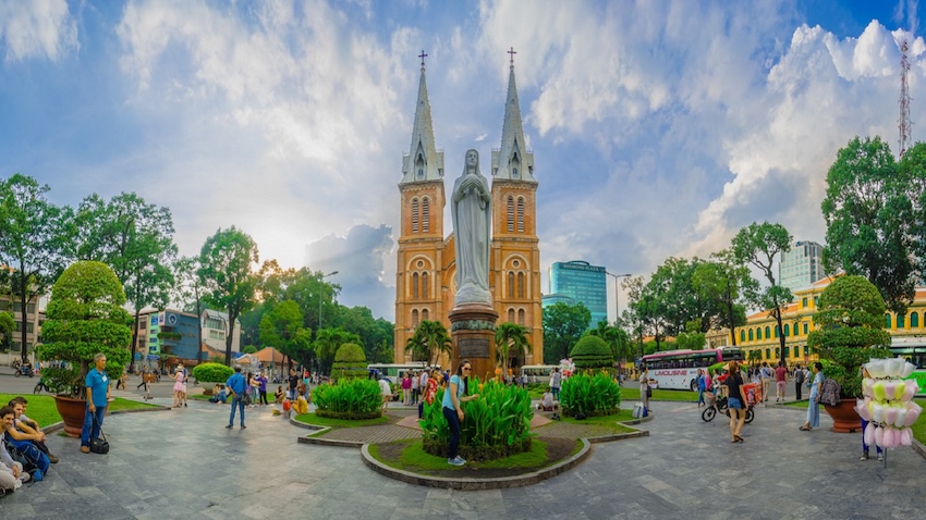 The twin bell towers of the Notre Dame Cathedral Basilica of Saigon
